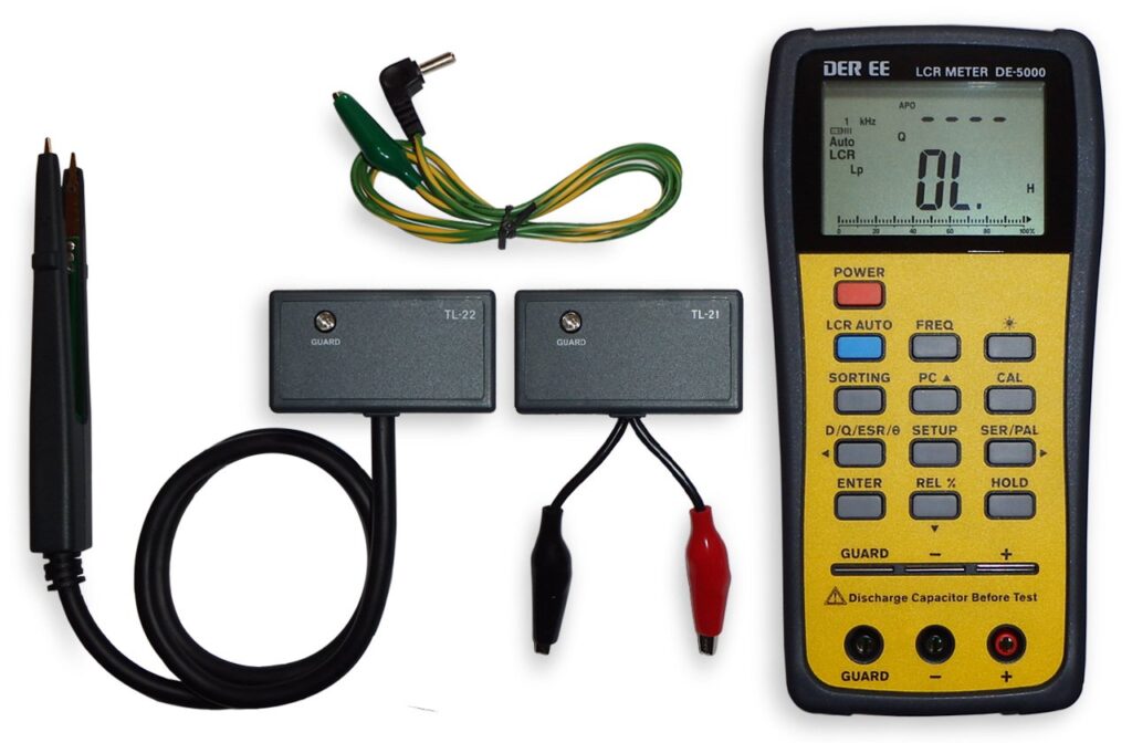 DER EE DE-5000 handheld LCR meter with dual display measuring inductance, capacitance, and resistance