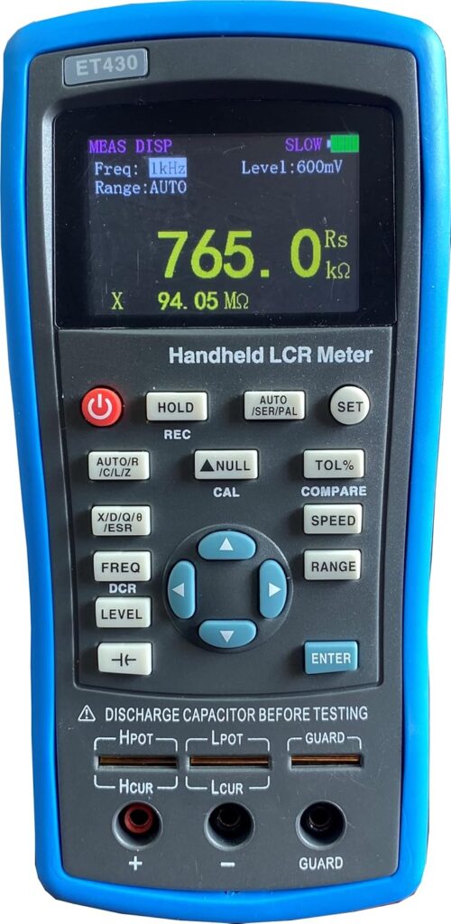 ET430 Handheld LCR Meter by East Tester with 5-digit display, designed to measure inductance, capacitance, and resistance with 0.3% accuracy