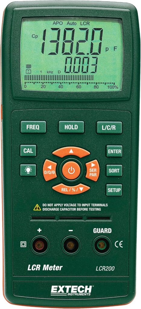 Extech LCR200 handheld LCR meter in green color, placed on a white background, showing inductance, capacitance, and resistance readings on its digital display.