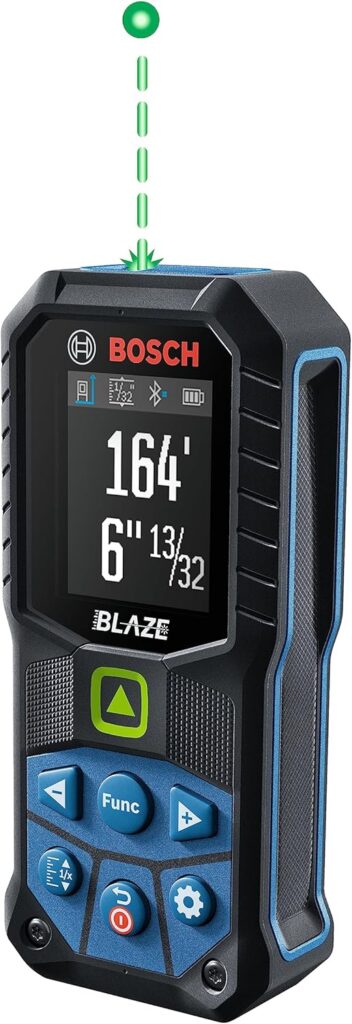 BOSCH GLM165-27CGL green-beam laser distance meter, 165 ft range, ±1/16 inch accuracy, IP65 durable design
