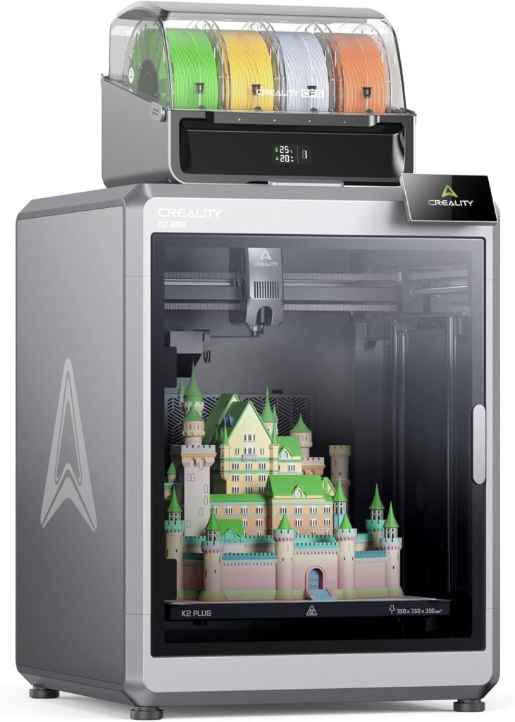 Creality K2 Plus Combo 3D Printer with multi-color printing, 600mm/s high-speed performance, dual AI cameras, and large 350x350x350mm build volume.


