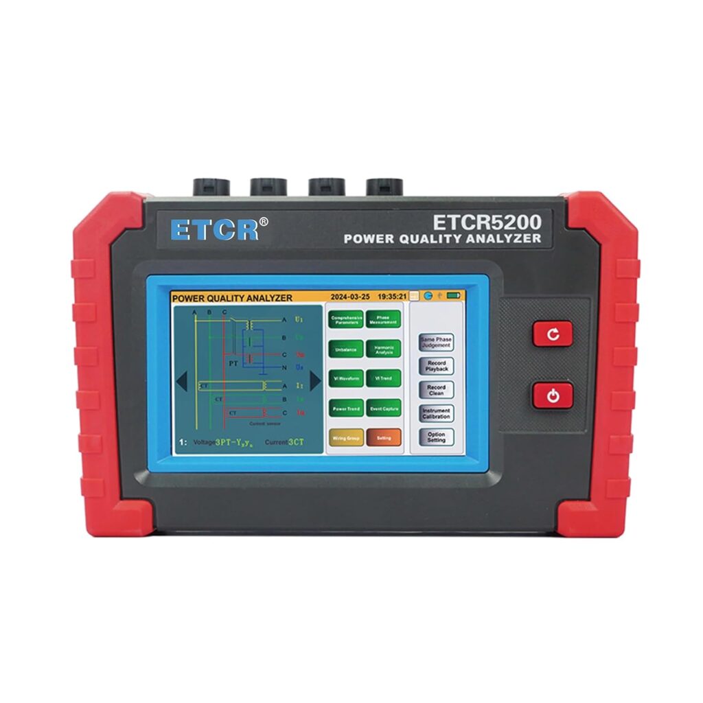 ETCR5200 3-Phase Power Quality Analyzer with 4 clamp sensors, portable power harmonic analyzer, black and red design with 5-inch color touchscreen