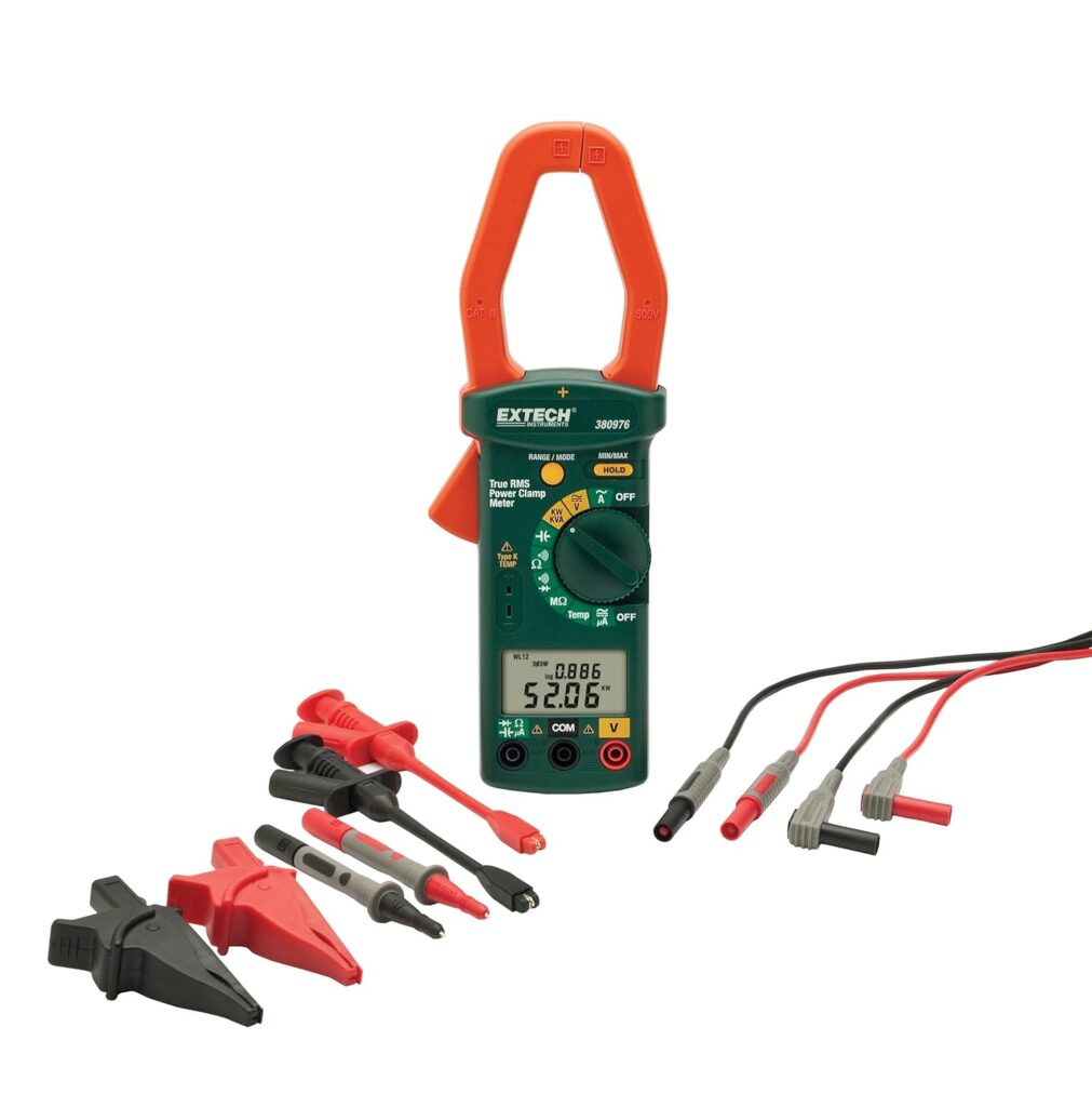 Extech 380976-K digital power analyzer clamp meter kit for single and three-phase measurements under $500