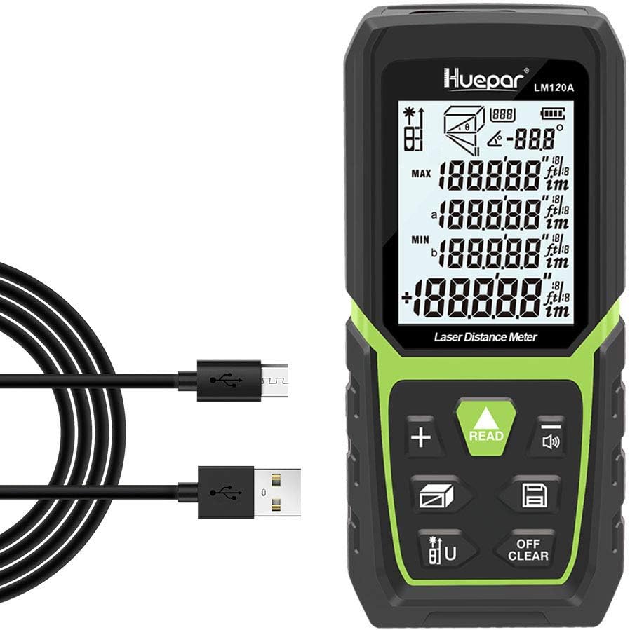 Huepar LM200A laser distance meter with 393ft range, Li-ion battery, electronic angle sensor, backlit LCD, and multi-measurement modes

