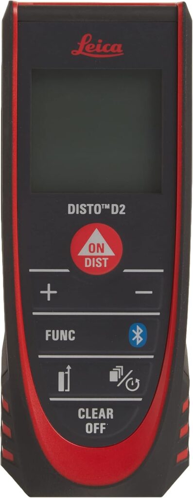 Leica DISTO D2 laser distance meter, 330ft range, Bluetooth 4.0, compact design in black/red, ideal for physics labs.