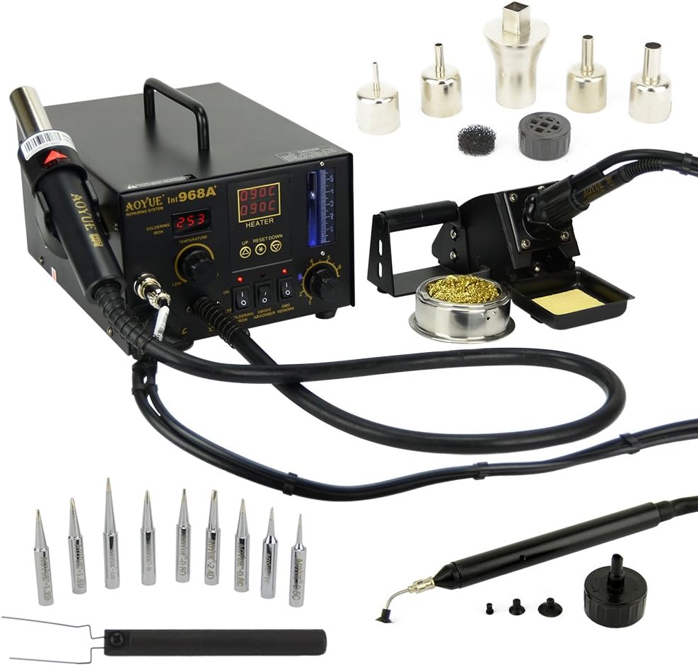 Aoyue 968A+ professional 3-in-1 rework station with hot air, soldering iron, and vacuum pickup for PCB and SMD repair