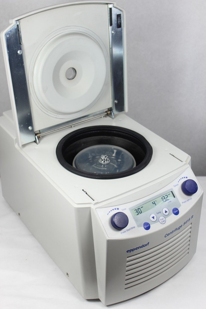 Eppendorf 5415R Refrigerated Microcentrifuge with 24 x 1.5/2.0 mL rotor, high-speed 13,200 rpm, compact and quiet benchtop centrifuge for molecular biology and cell culture.

