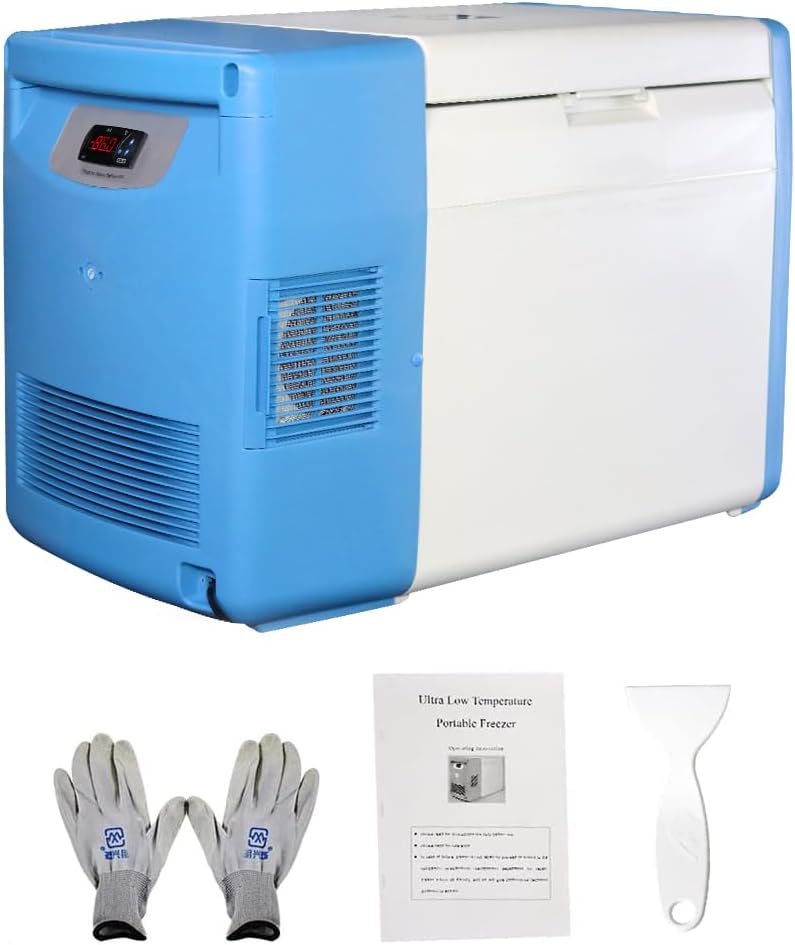 Bonxrdun 20L ultra low temperature freezer, -86C lab cryogenic refrigerator with LCD display, blue stainless steel design