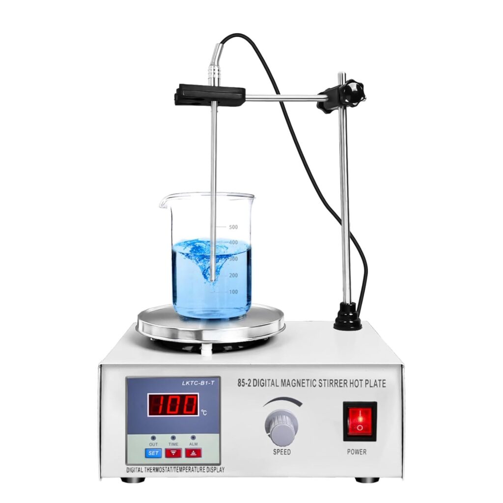 85-2 digital magnetic stirrer hot plate with LED display, stainless steel surface, and adjustable temperature control — compact lab mixer for physics and chemistry experiments.