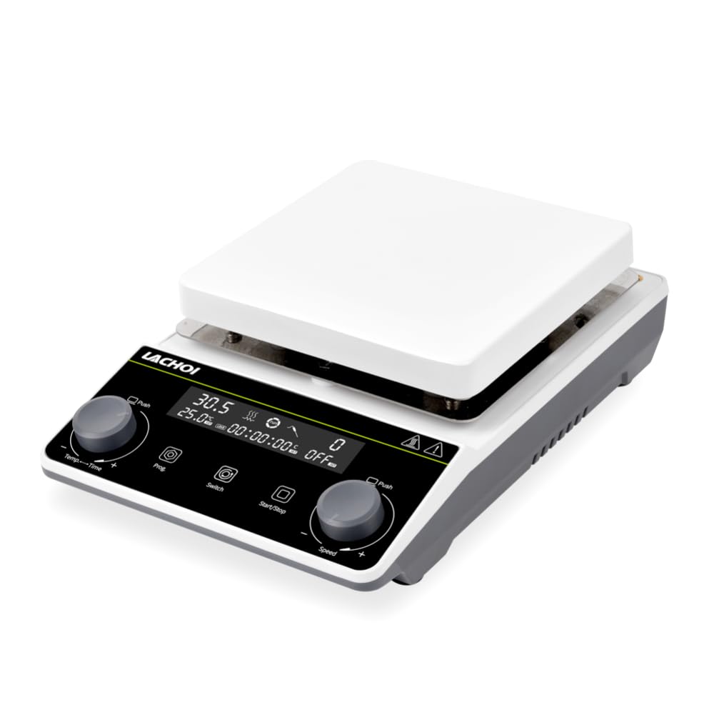 LCD magnetic stirrer hot plate with 300 °C heating, 5 L capacity, PT1000 sensor, and forward/reverse stirring for laboratory use.