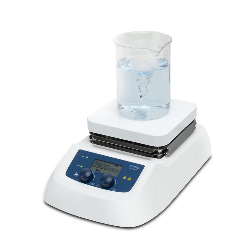ONiLAB LCD digital hotplate magnetic stirrer with ceramic coated aluminum plate, 380 °C max temperature, and 20 L stirring capacity for research labs.