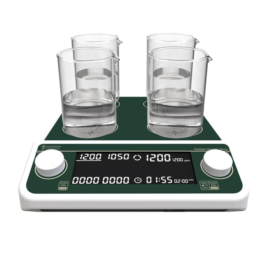 Four-position non-heating digital magnetic stirrer with LCD display and independent speed control – LABHOUSE model