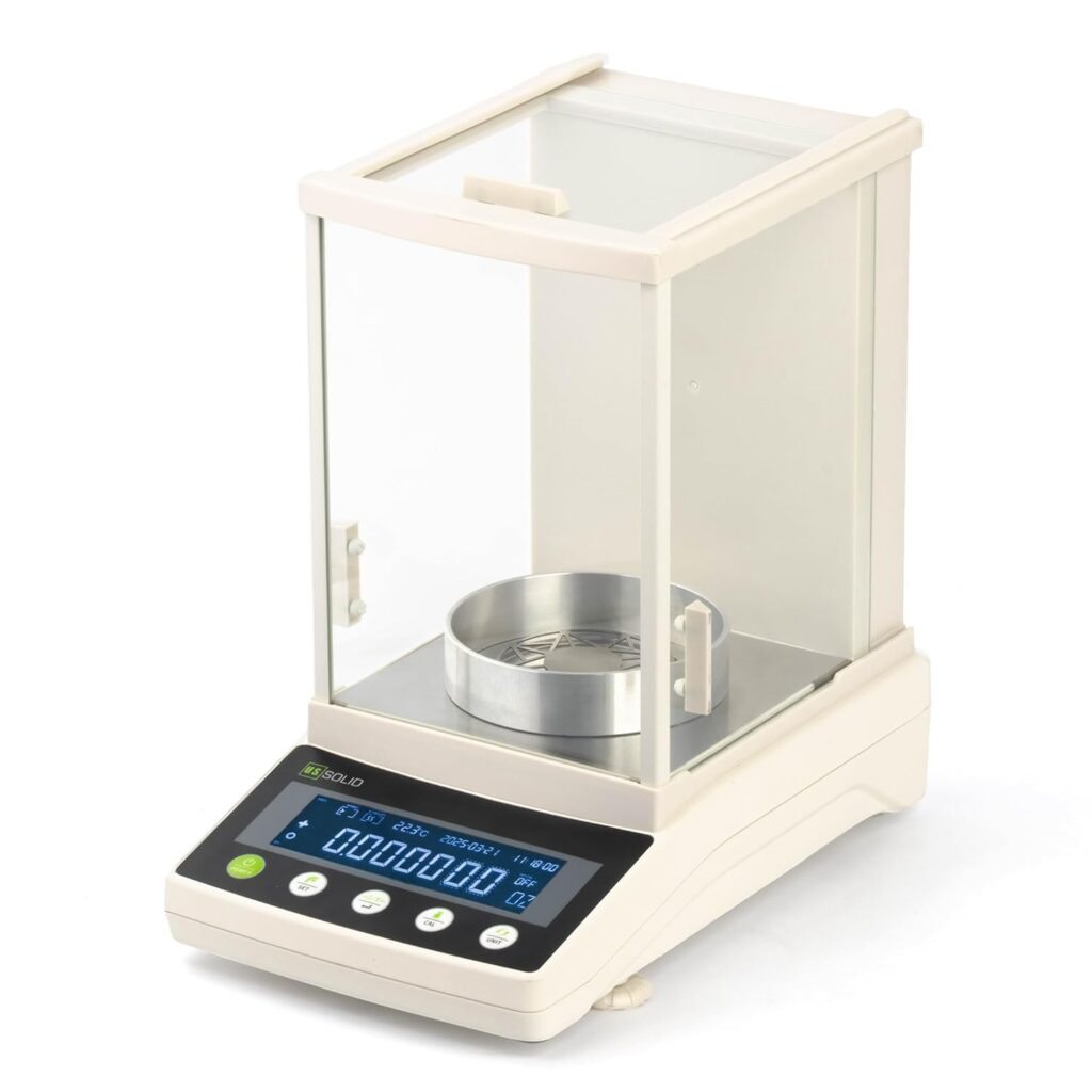 U.S. Solid 0.01 mg semi-micro analytical balance with automatic calibration and draft shield for laboratory use