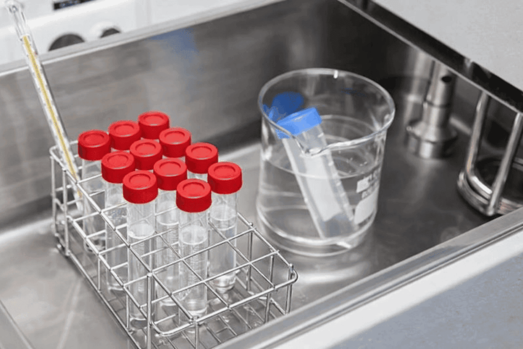 step by step process of using a laboratory water bath with samples in test tubes