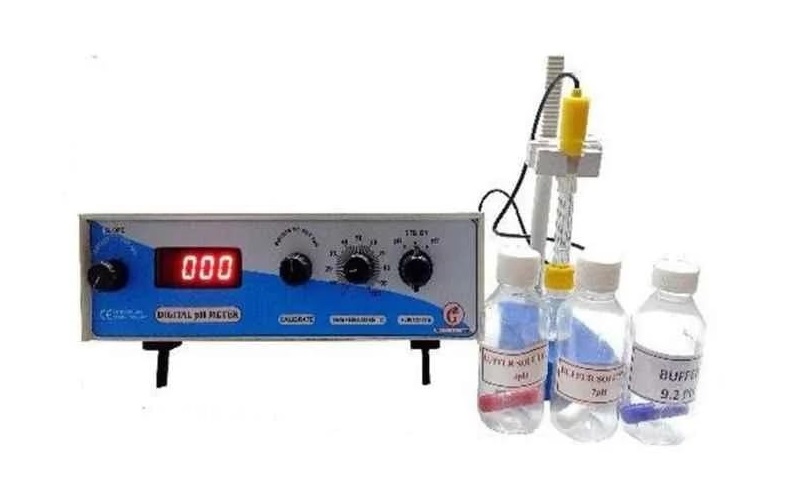 calibrating a digital pH meter using buffer solution in laboratory
