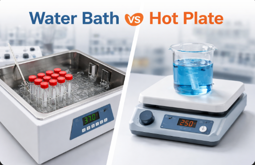 water bath vs hot plate comparison in laboratory heating showing temperature control and sample heating differences