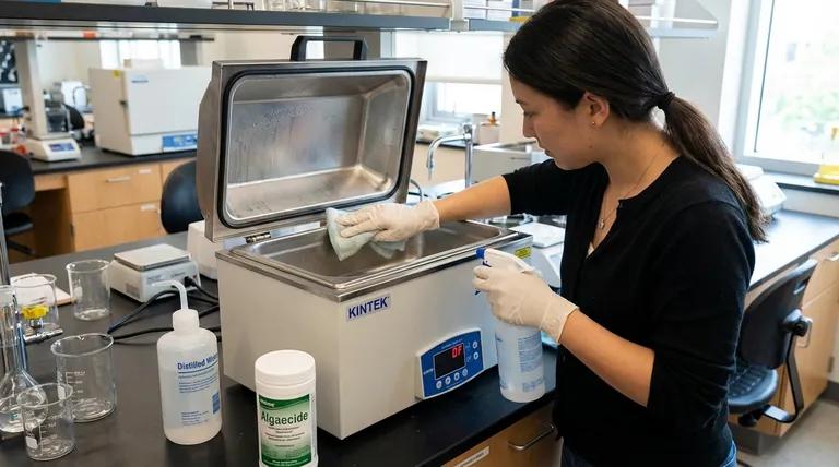 cleaning a laboratory water bath with disinfectant and cloth