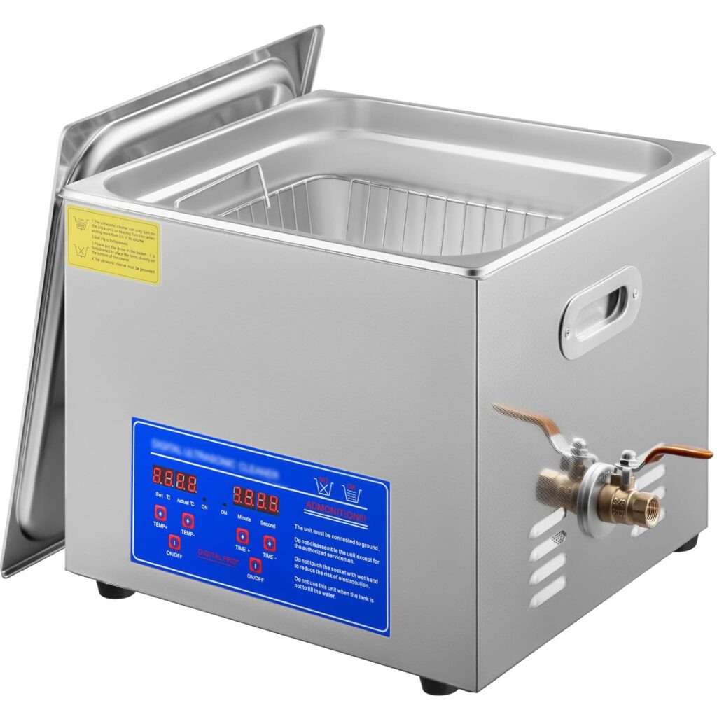 VEVOR 15L ultrasonic cleaner with heater and digital timer for laboratory equipment, metal parts, and industrial cleaning