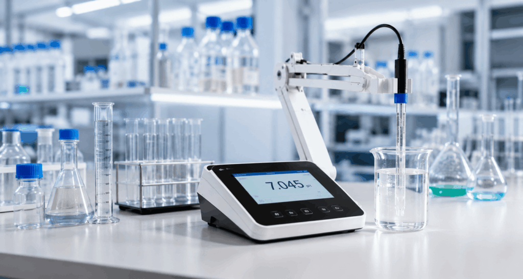 Professional benchtop pH meter used in a research laboratory for accurate pH measurement