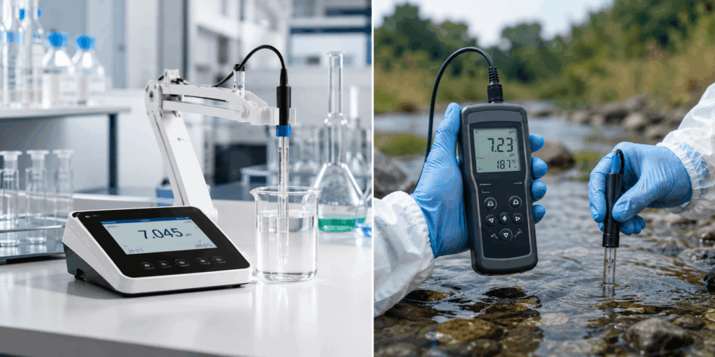 Benchtop pH meter compared with a portable pH meter for laboratory and field testing applications