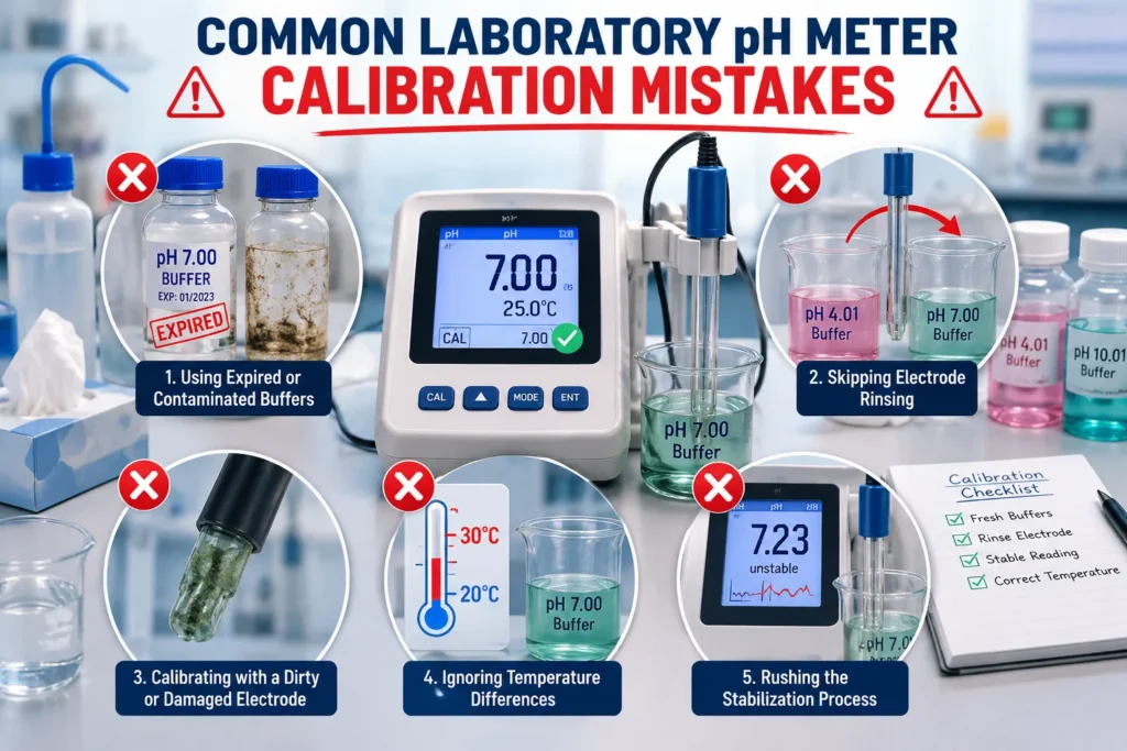 Common laboratory pH meter calibration mistakes including contaminated buffer solutions, dirty electrodes, and improper calibration procedures