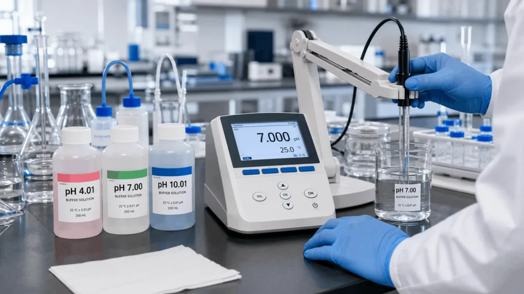 Laboratory scientist calibrating a benchtop pH meter using certified pH 4.01, 7.00, and 10.01 buffer solutions