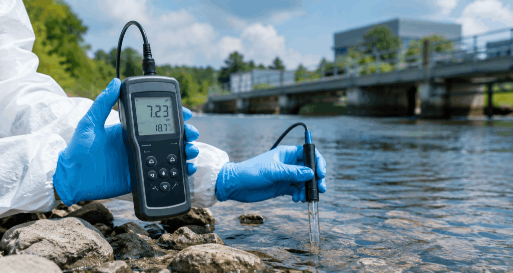 Portable pH meter used for water quality testing in a field environment