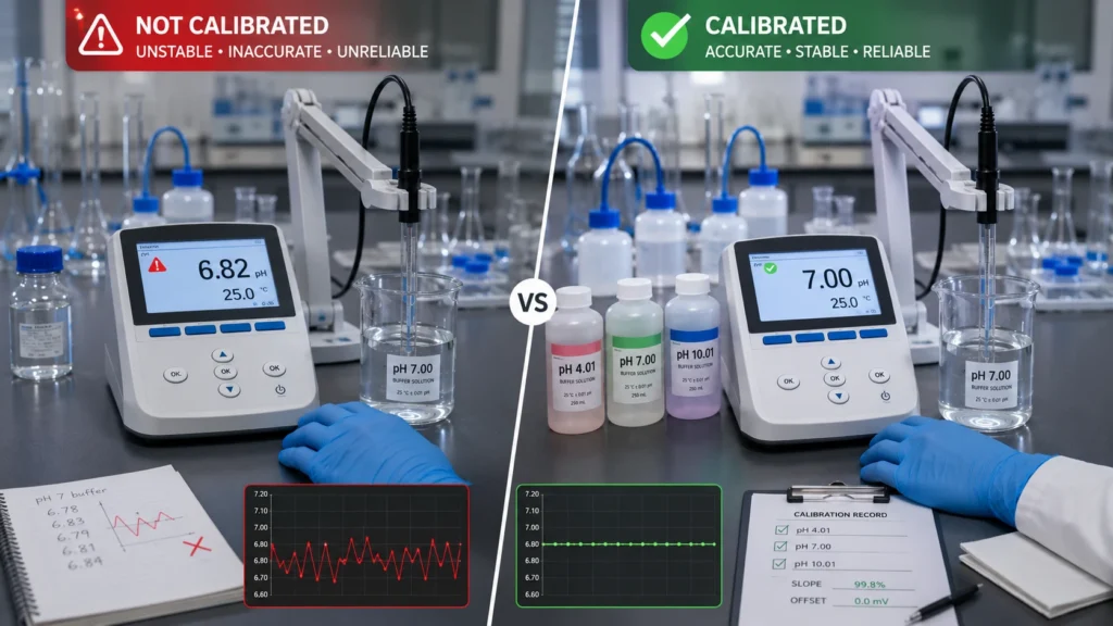 Comparison showing inaccurate and accurate laboratory pH meter measurements before and after calibration using certified buffer solutions