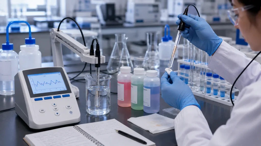 Scientist troubleshooting a laboratory benchtop pH meter with an unstable reading and inspecting the pH electrode