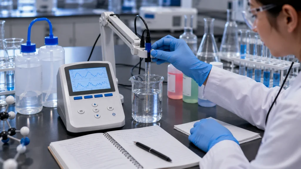 Laboratory benchtop pH meter showing different readings while measuring the same sample