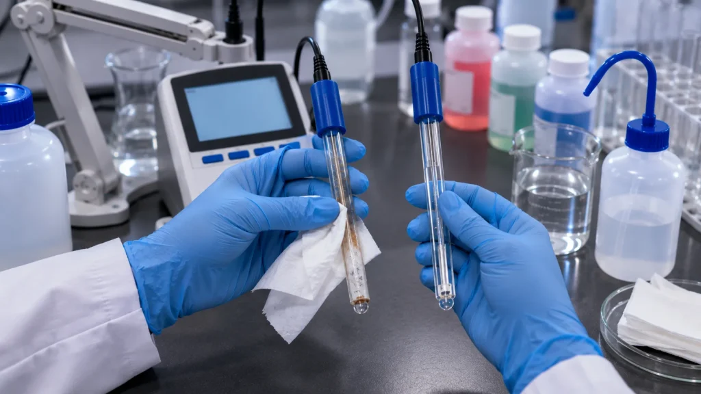 Scientist cleaning a contaminated laboratory pH electrode before calibration