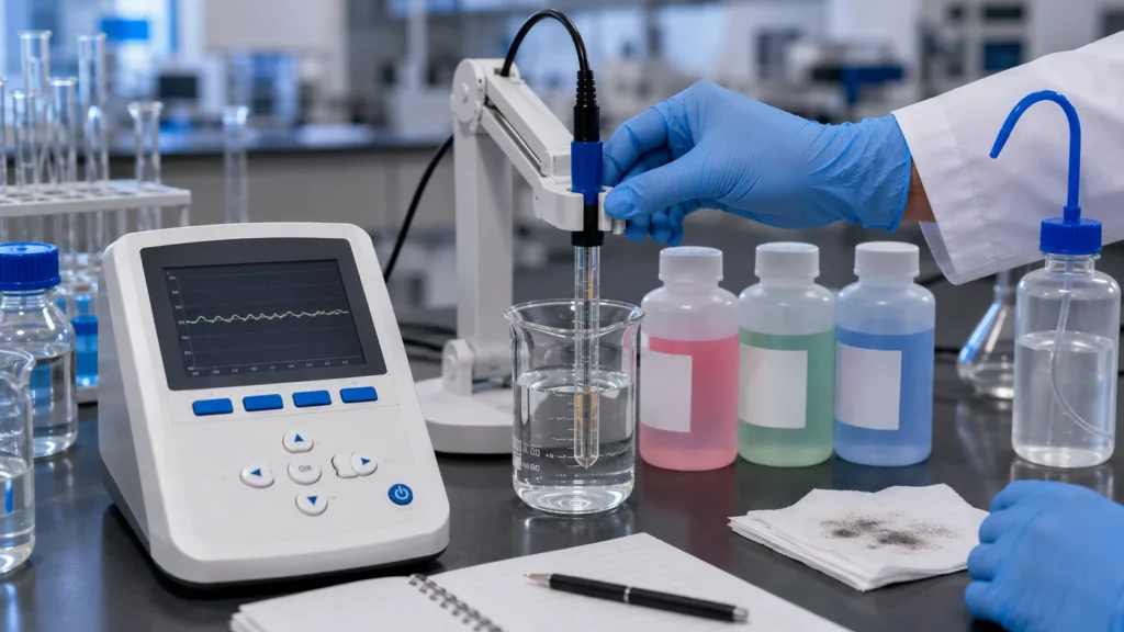 Laboratory benchtop pH meter failing to calibrate while the pH electrode is being inspected