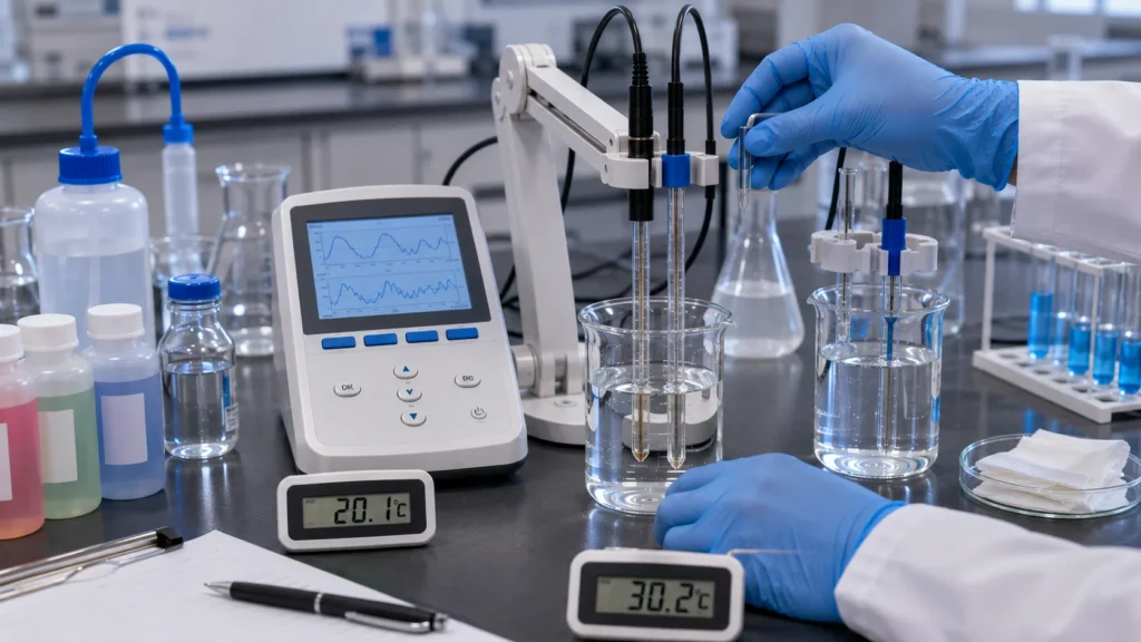 Laboratory benchtop pH meter measuring buffer solutions at different temperatures to demonstrate the effect of temperature on pH measurement accuracy