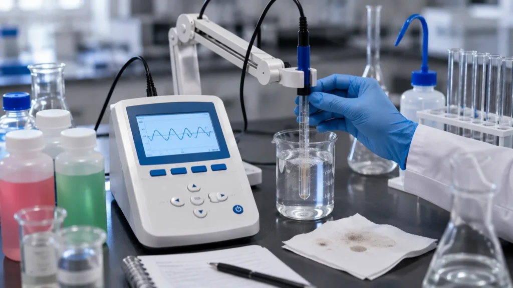 Laboratory benchtop pH meter showing an unstable reading while the pH electrode is being inspected