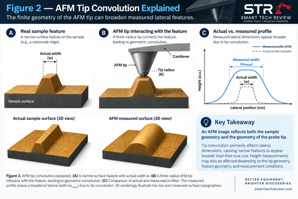 AFM tip convolution diagram showing how finite tip geometry broadens measured lateral surface features.