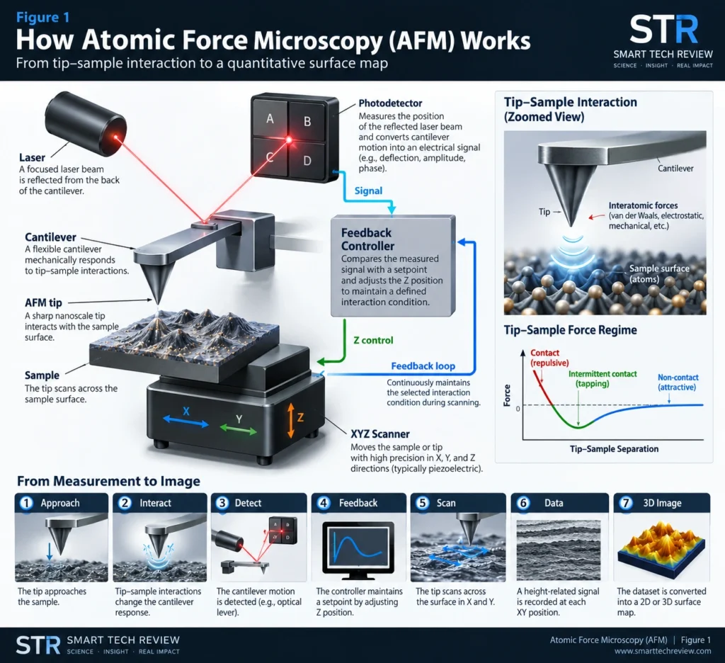 How atomic force microscopy (AFM) works, showing the AFM tip, cantilever, laser, photodetector, feedback controller, XYZ scanner, and tip–sample interaction.